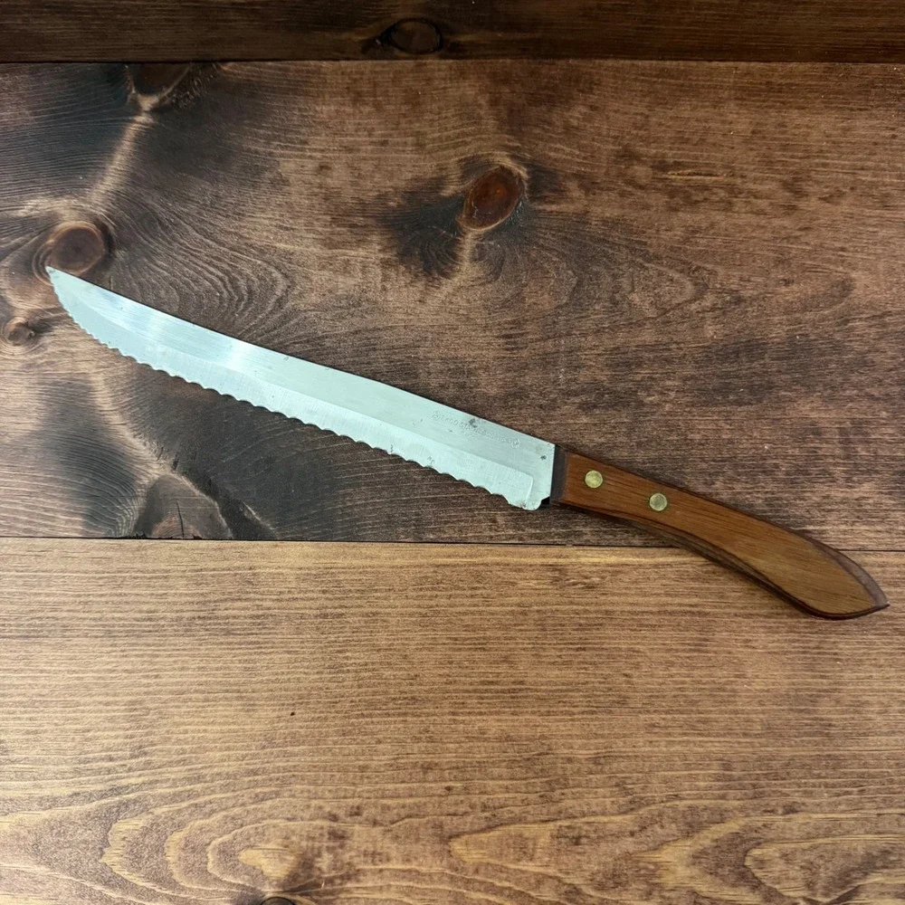 VTG Ekco Stainless USA Serrated Utility/Bread Knife Wood Handle Brass Rivets